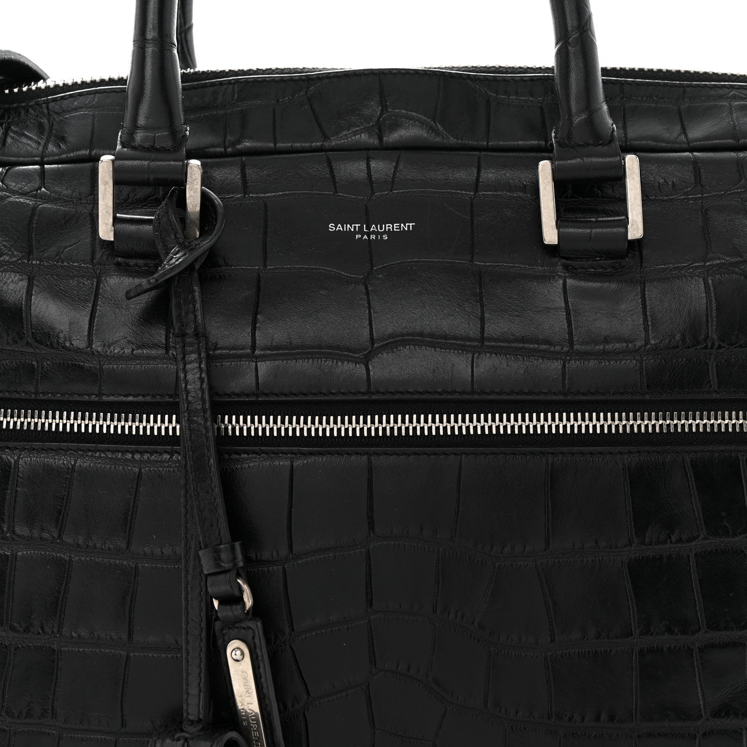 Saint Laurent Calfskin Crocodile Embossed Bold Briefcase Black 8 of 10