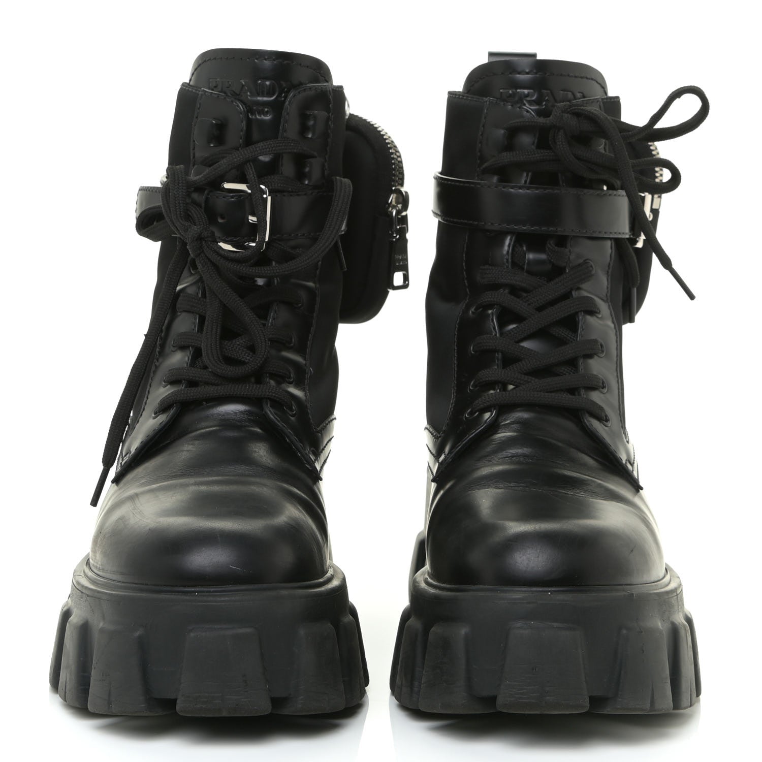 Prada Spazzolato Rois Nylon Metal Triangle Logo Monolith Pouch Pocket 55mm Boots 38 Black 3 of 19