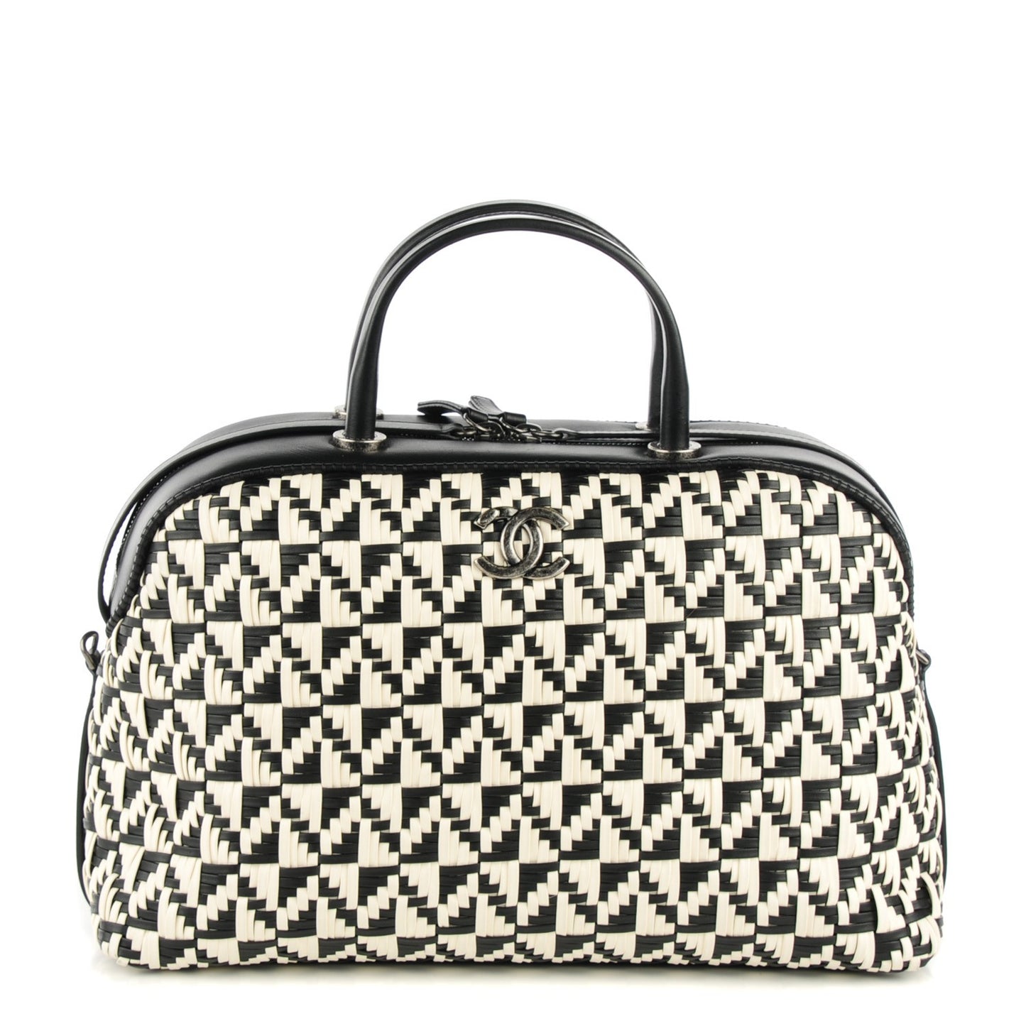 Calfskin Woven Bowling Bag Black White