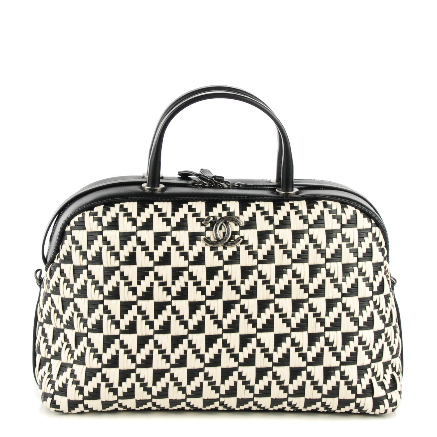 Chanel Calfskin Woven Bowling Bag Black White 1 of 7