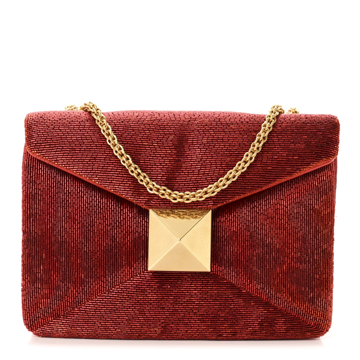 Valentino Garavani Nappa Beaded One Stud Chain Clutch Red 1 of 9
