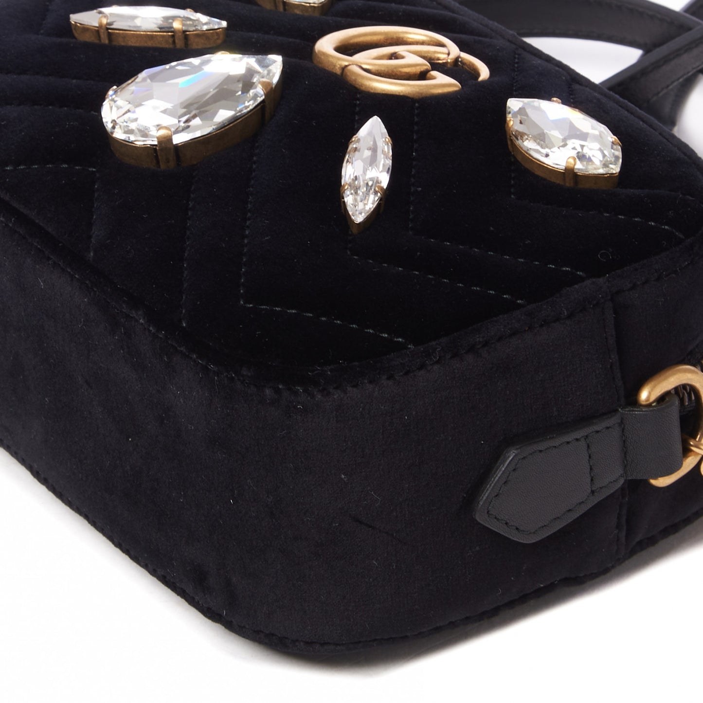 Velvet Matelasse Marquise Crystals Mini GG Marmont Chain Shoulder Bag Black