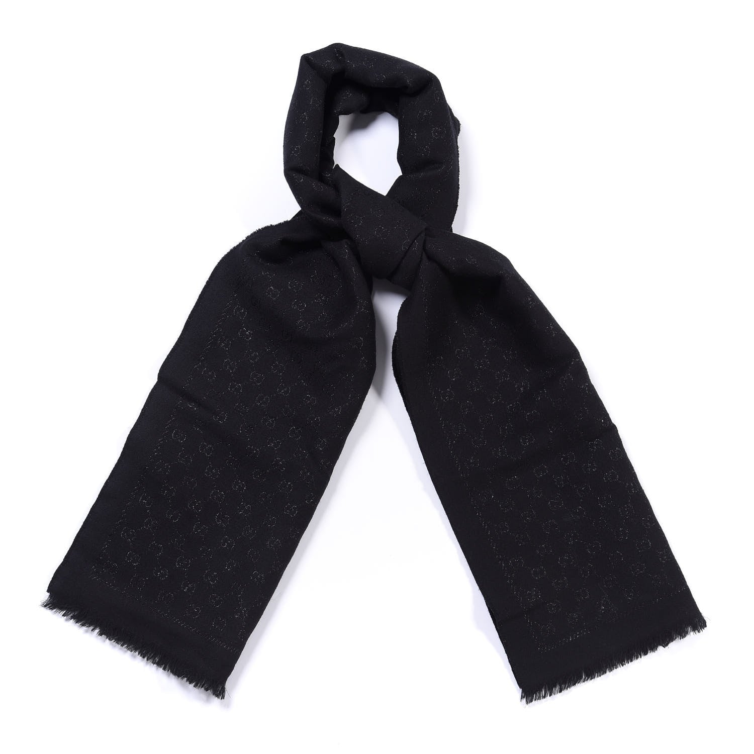 Gucci Wool Silk GG Monogram Fringe Scarf Black 1 of 5