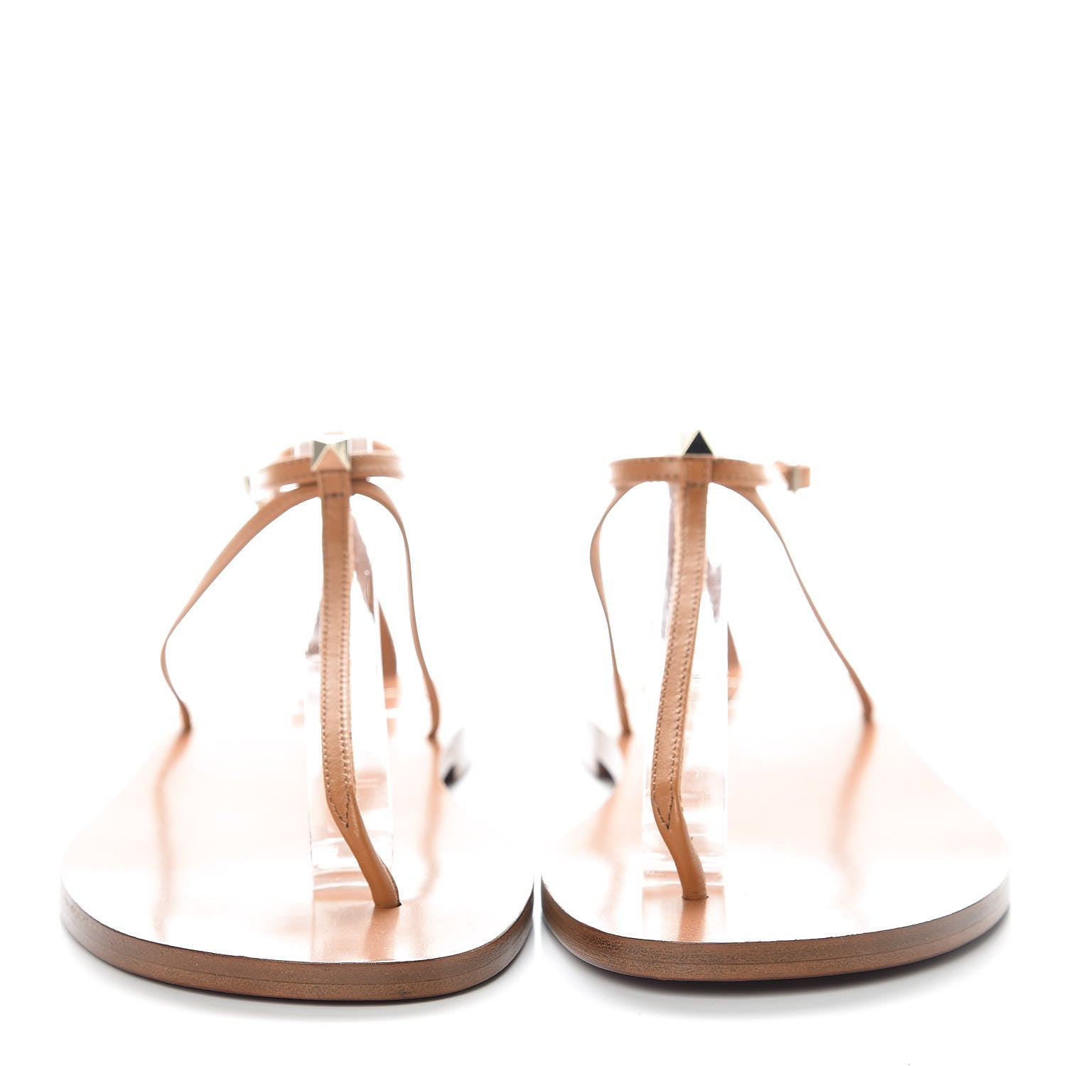 Valentino Garavani Calfskin Nude Rockstud T Strap Flat Thong Sandals 36 Brown 2 of 9