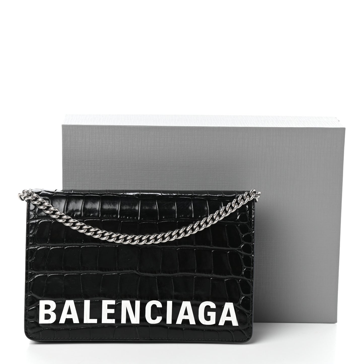 Shiny Calfskin Logo Crocodile Embossed Ville Wallet on Chain Black