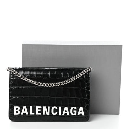 Balenciaga Shiny Calfskin Logo Crocodile Embossed Ville Wallet on Chain Black 9 of 9
