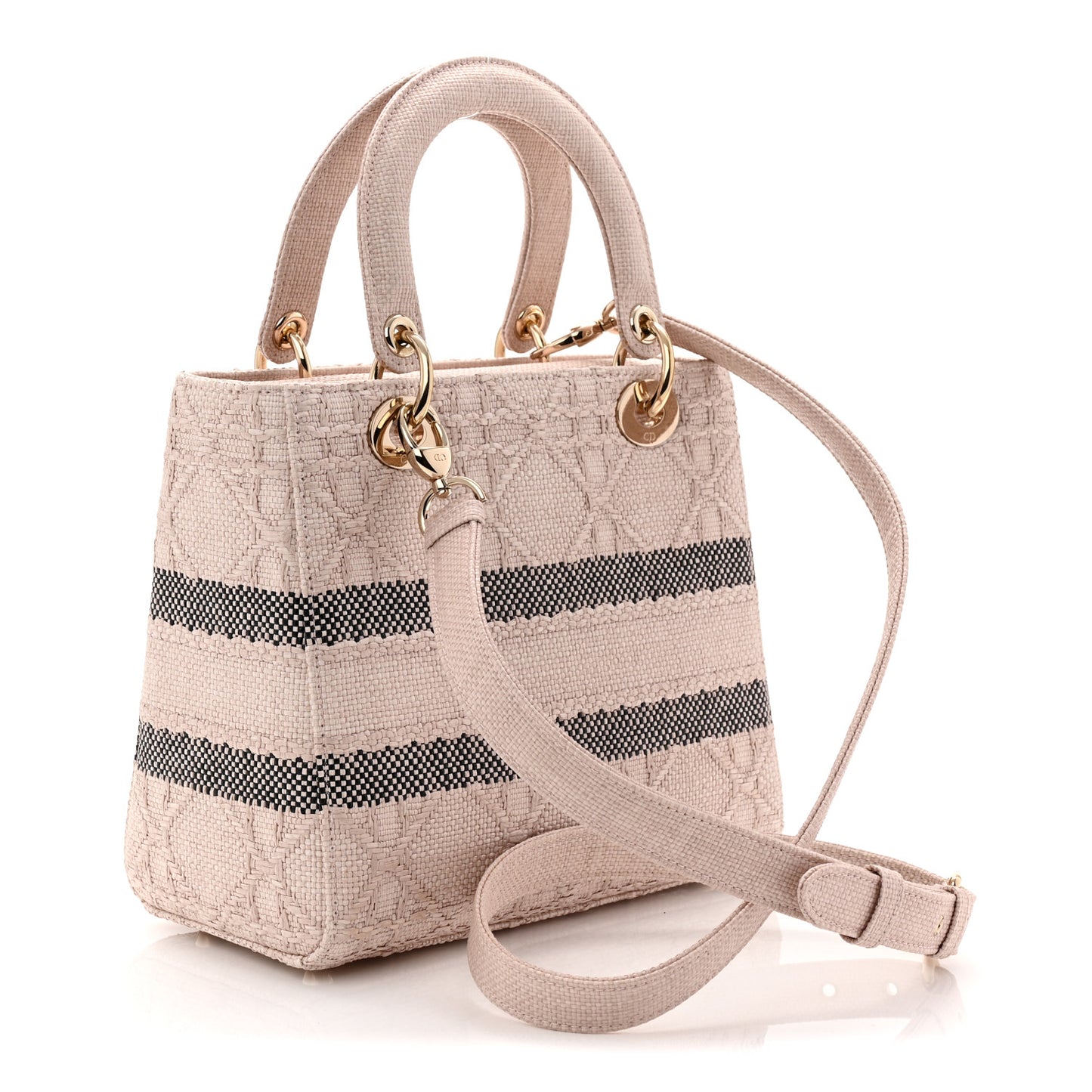 Raffia Woven Cannage Embroidered Medium Lady D-Lite Light Pink Black