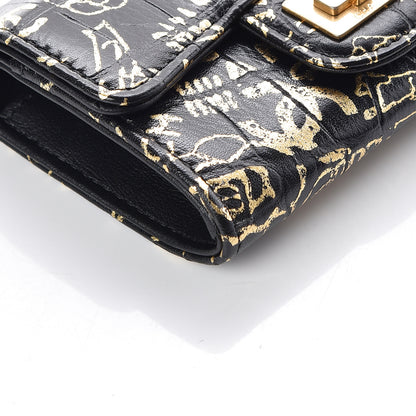 Chanel Calfskin Crocodile Embossed Graffiti 2.55 Cocodile Reissue Flap Card Holder Black Gold 5 of 10