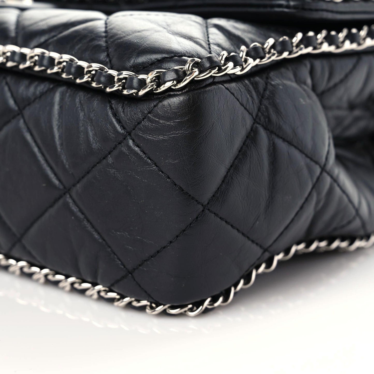 Crumpled Calfskin Quilted Large Chain All Over Flap Bag Black