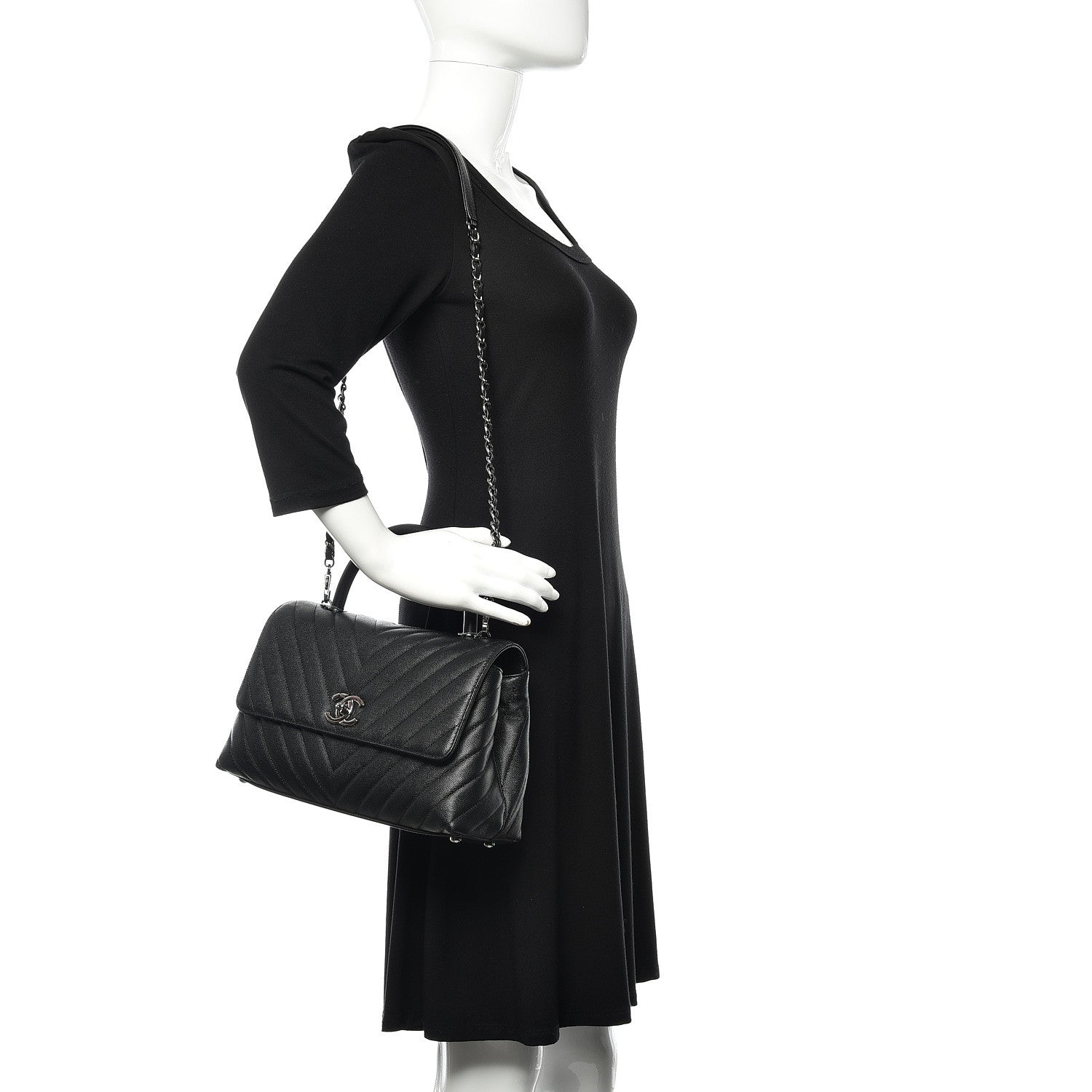 Chanel Caviar Chevron Quilted Small Coco Handle Flap Black 2 of 9
