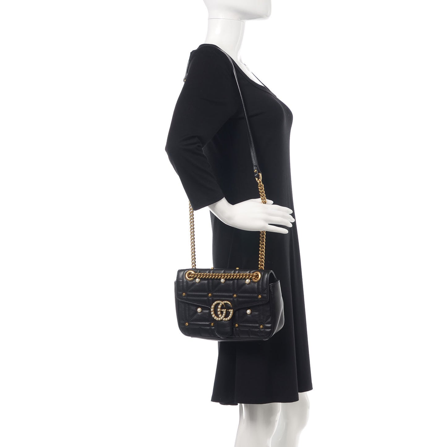 Calfskin Matelasse Studded Small Pearly GG Marmont Shoulder Bag Black