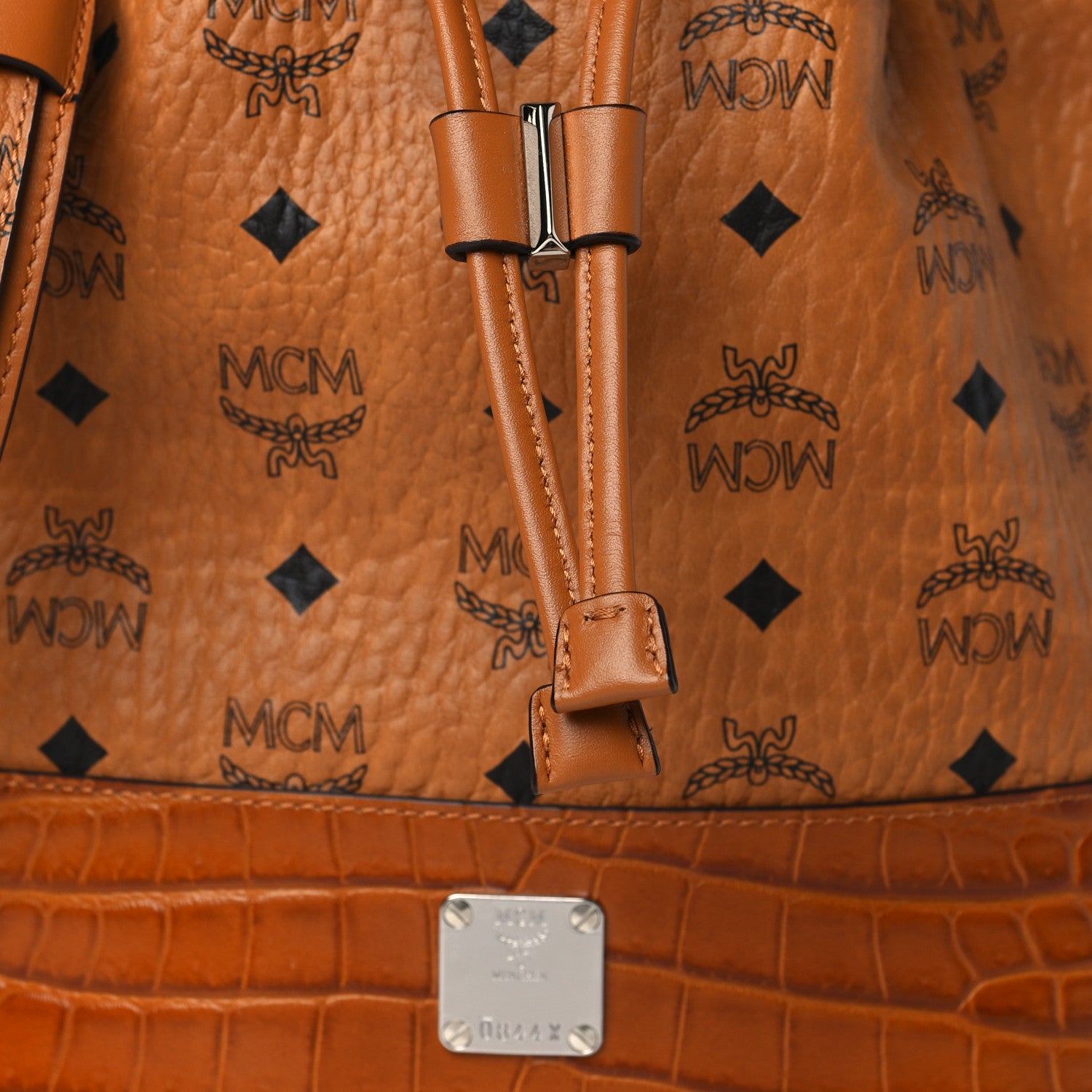 MCM Visetos Crocodile Embossed Geonautic Bucket Bag Cognac 8 of 10