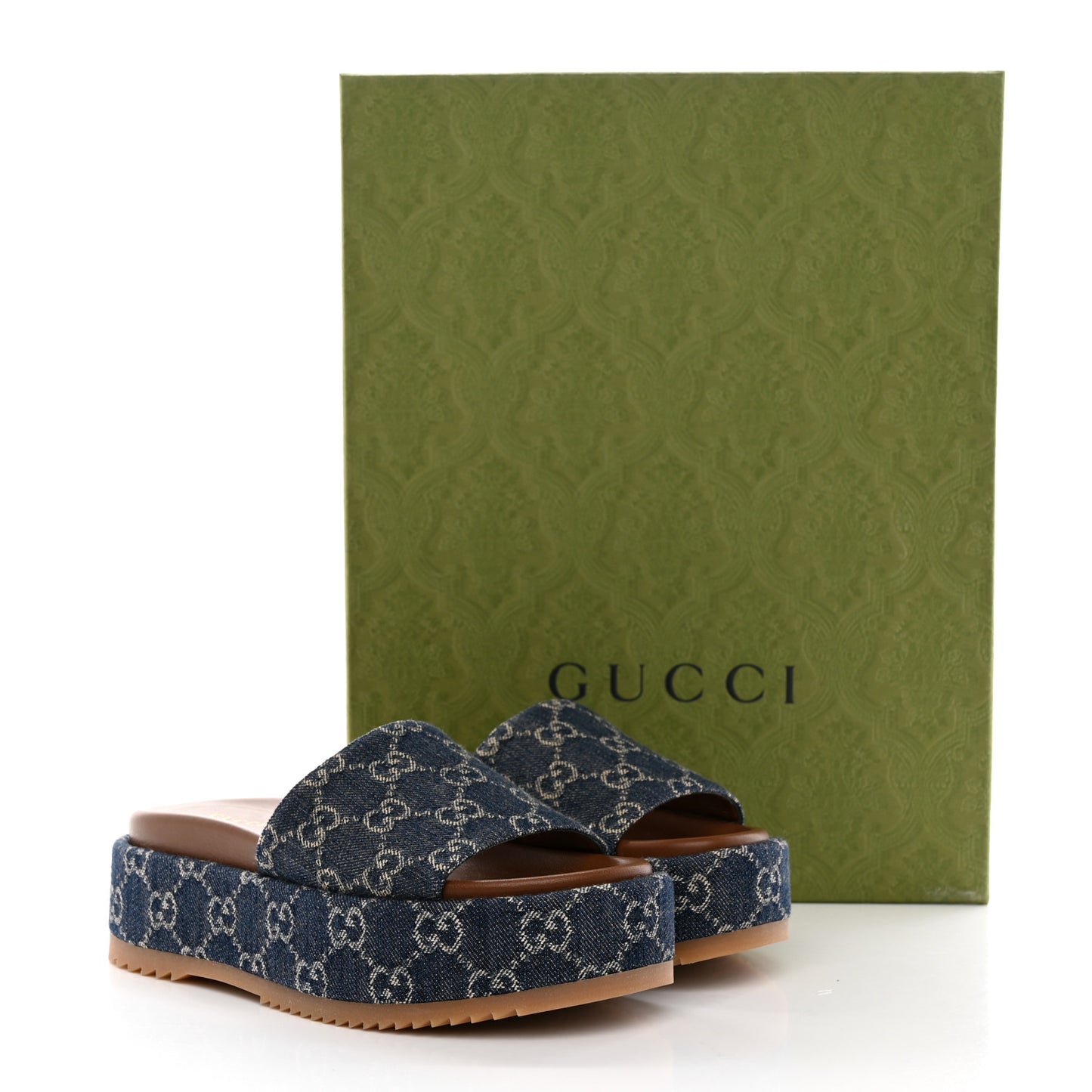 New Denim GG Monogram Angelina Platform 55mm Slide Sandals 35.5 Blue Tea