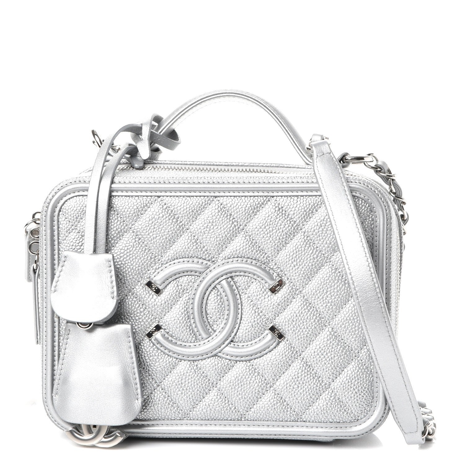 Chanel Metallic Caviar Quilted Medium CC Filigree Vanity Case Silver 1 of 8
