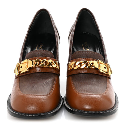 Gucci Goatskin Pebbled Calfskin Sylvie Chain Mid Heel Loafers 35.5 Brown 3 of 10