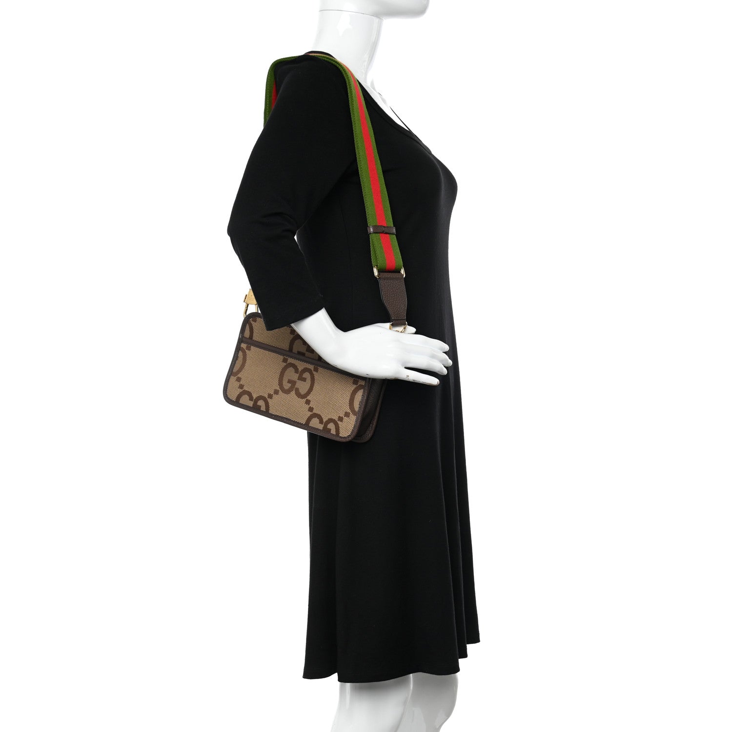 Gucci Monogram Jumbo GG Textured Dollar Calfskin Web Mini Crossbody Bag Camel Ebony New Acero 2 of 11