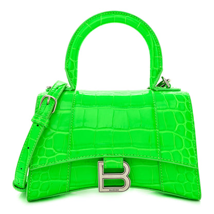 Balenciaga Shiny Calfskin Crocodile Embossed Hourglass Top Handle Bag XS Fluo Green 1 of 18