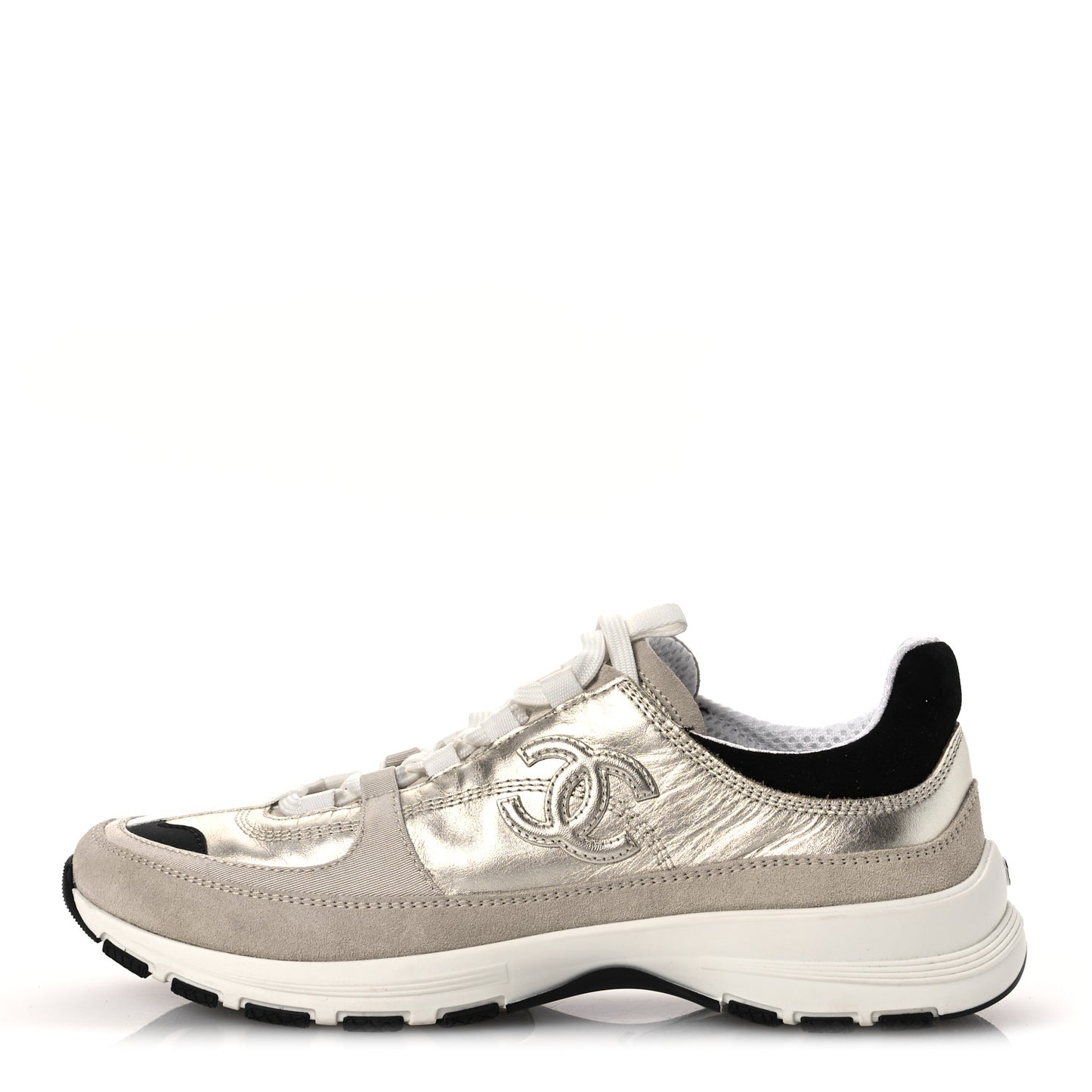 Suede Metallic Calfskin Womens CC Sneakers 39.5 White Silver