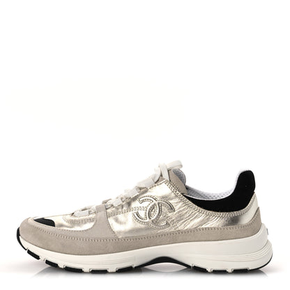 Chanel Suede Metallic Calfskin Womens CC Sneakers 39.5 White Silver 1 of 11