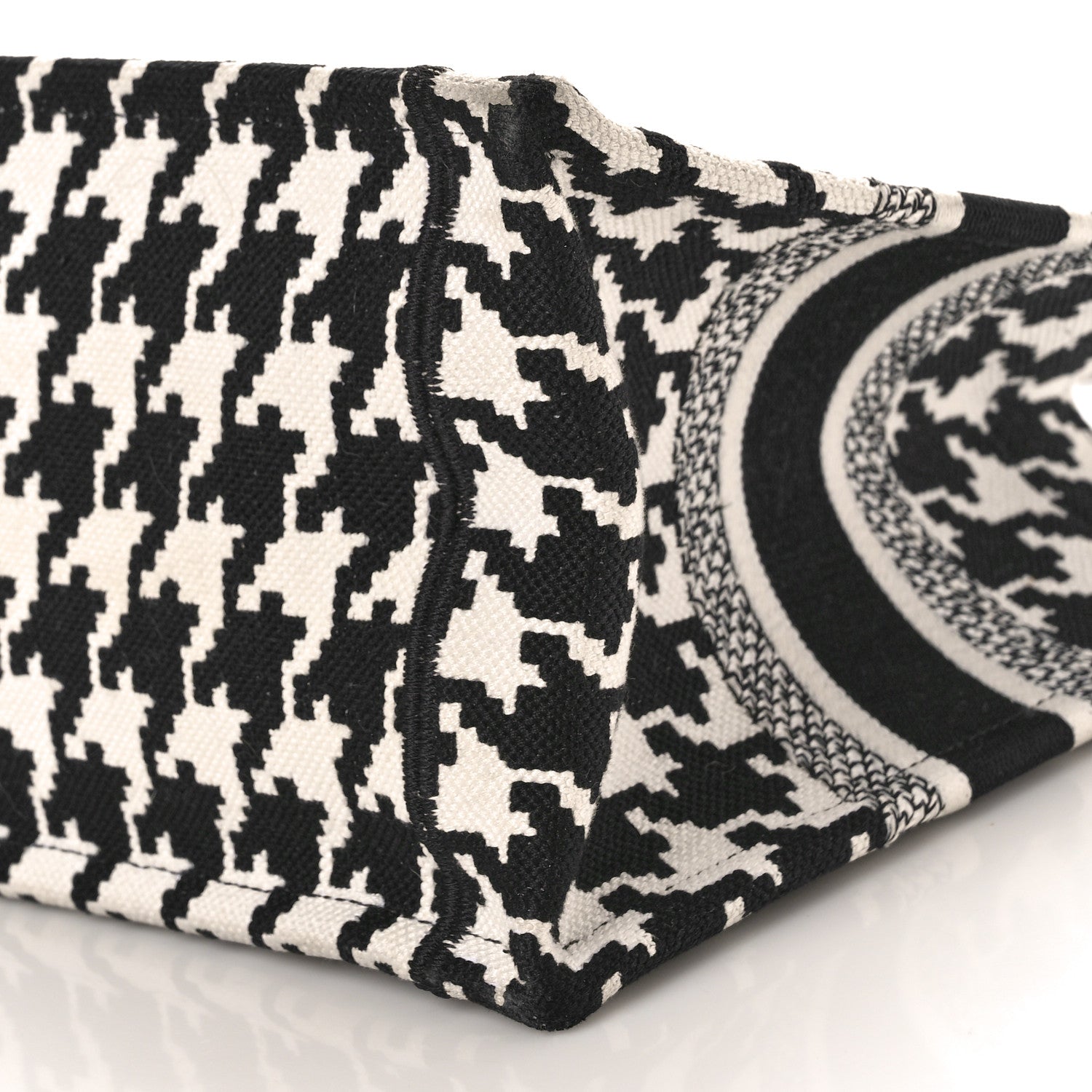 Christian Dior CHRISTIAN DIOR Canvas Houndstooth Embroidered Small Book Tote Black White 10 of 11