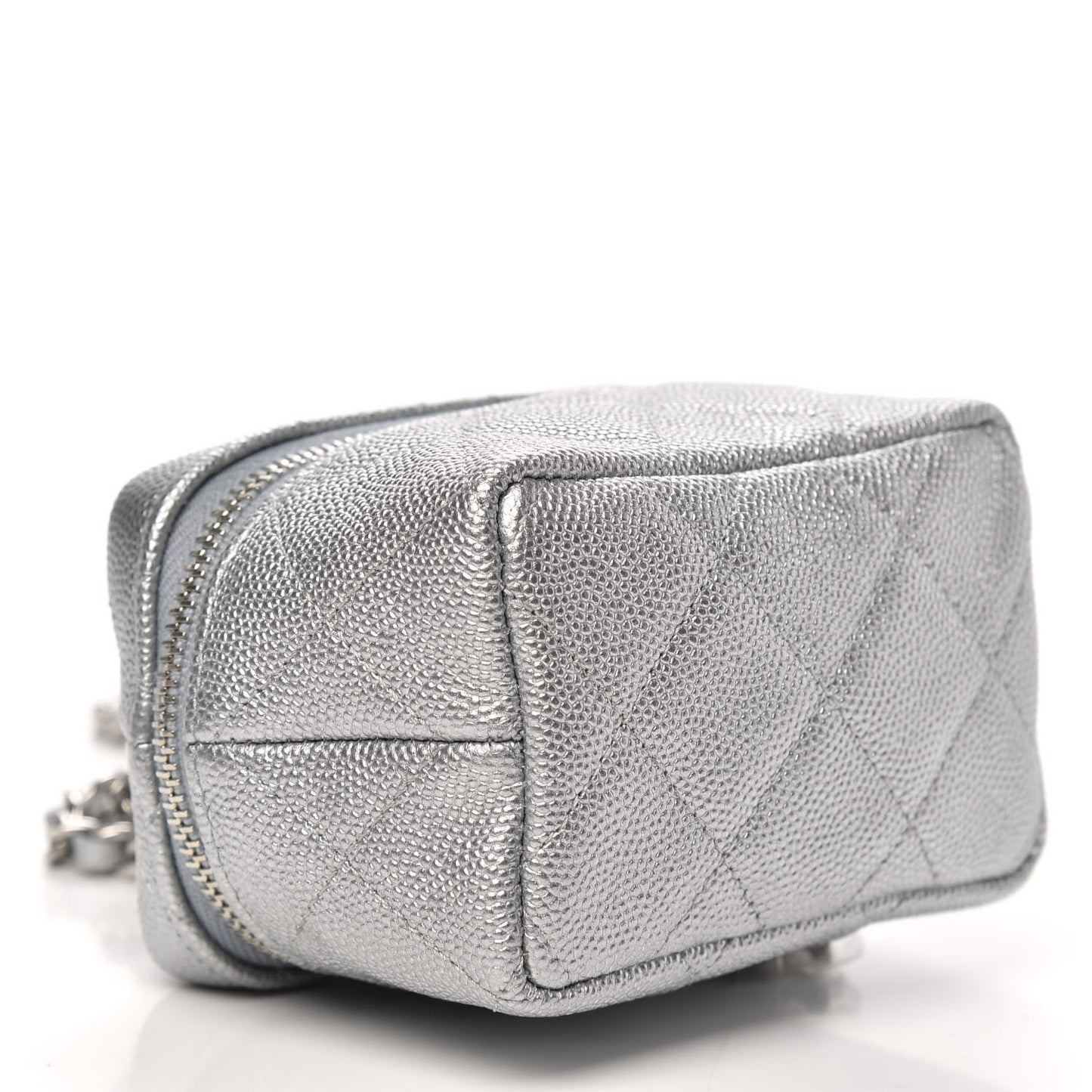 Metallic Caviar Quilted Mini Top Handle Vanity With Chain Silver