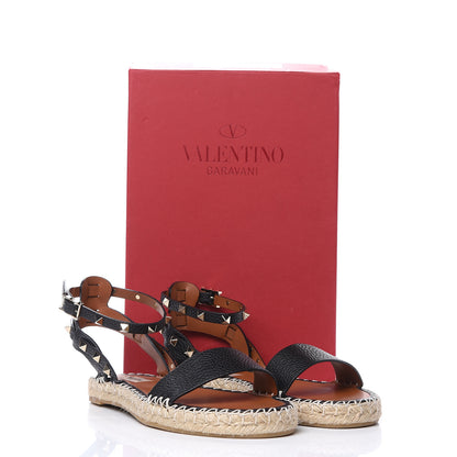 Valentino Garavani Grained Calfskin Rockstud Ankle Strap Espadrille Flat Sandals 40 Black 8 of 8