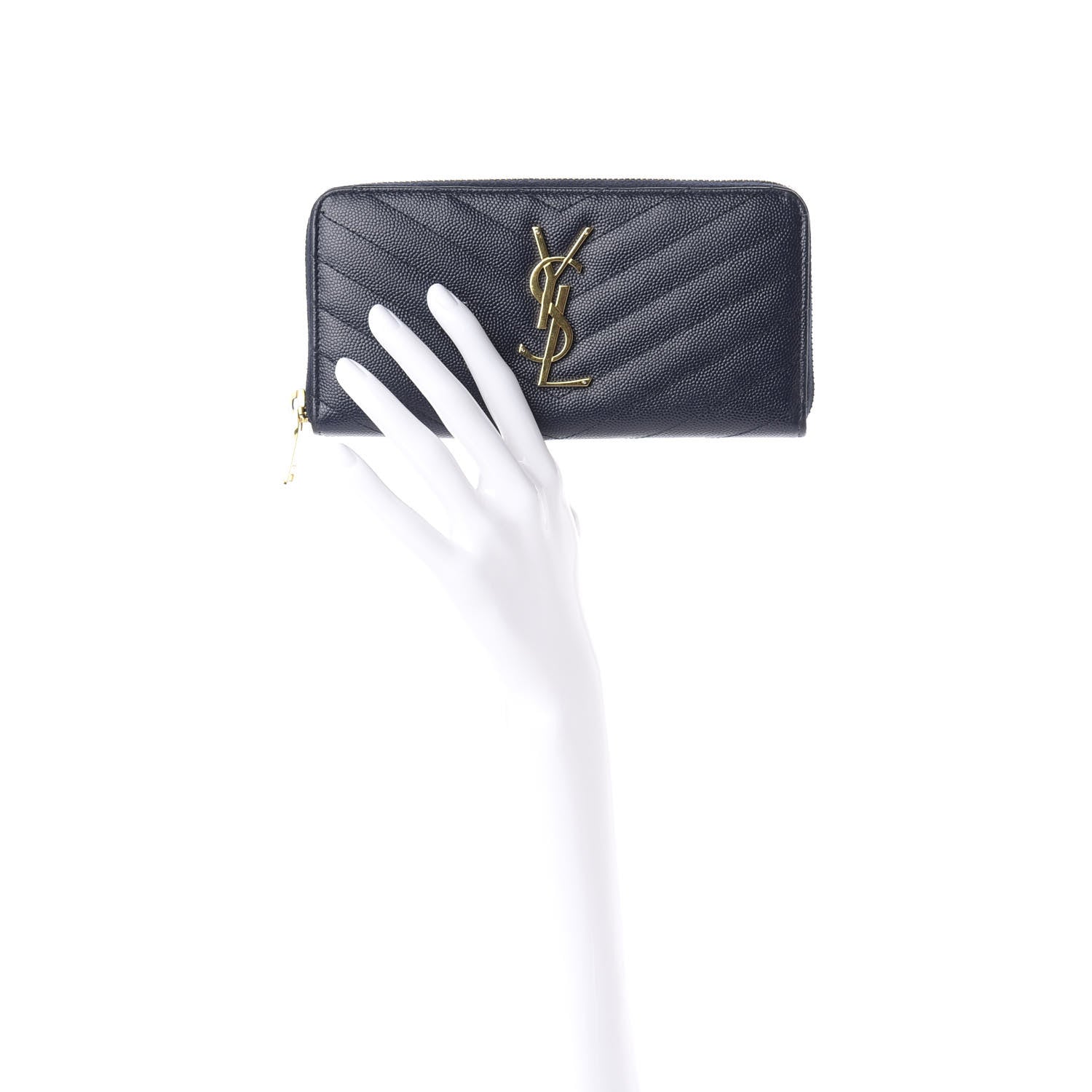 Saint Laurent Grain De Poudre Matelasse Chevron Monogram Zip Around Wallet Navy 2 of 11