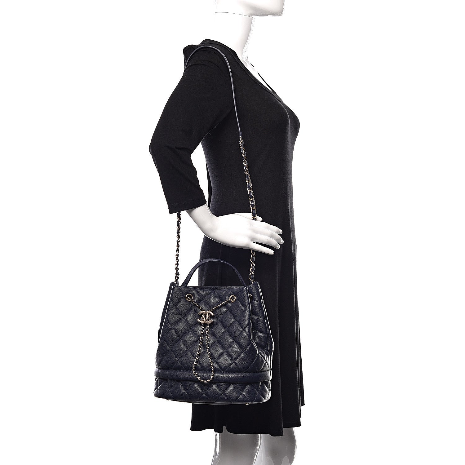 Chanel Caviar Quilted Rolled Up Bucket Drawstring Bag Navy 2 of 11