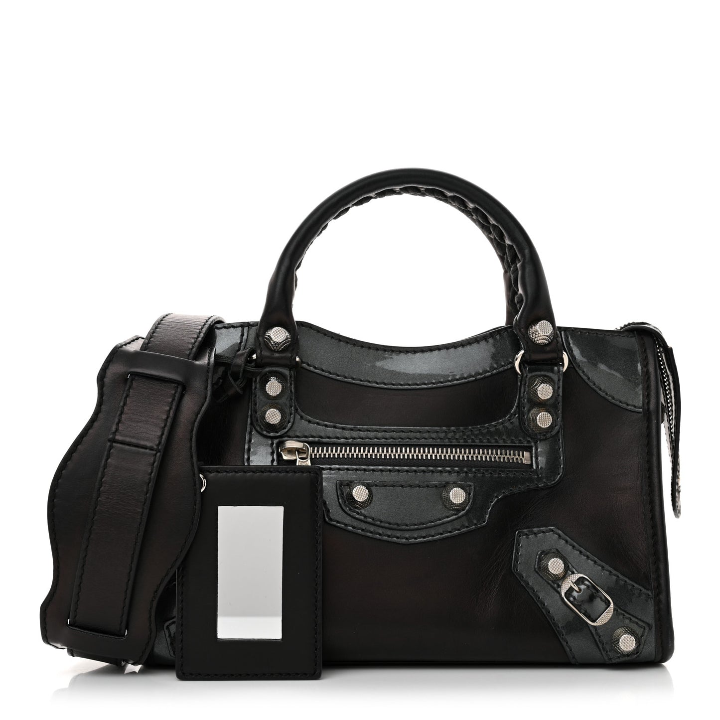 Smooth Calfskin Metallic Patent Giant 12 Silver Hardware Mini City Black Gris