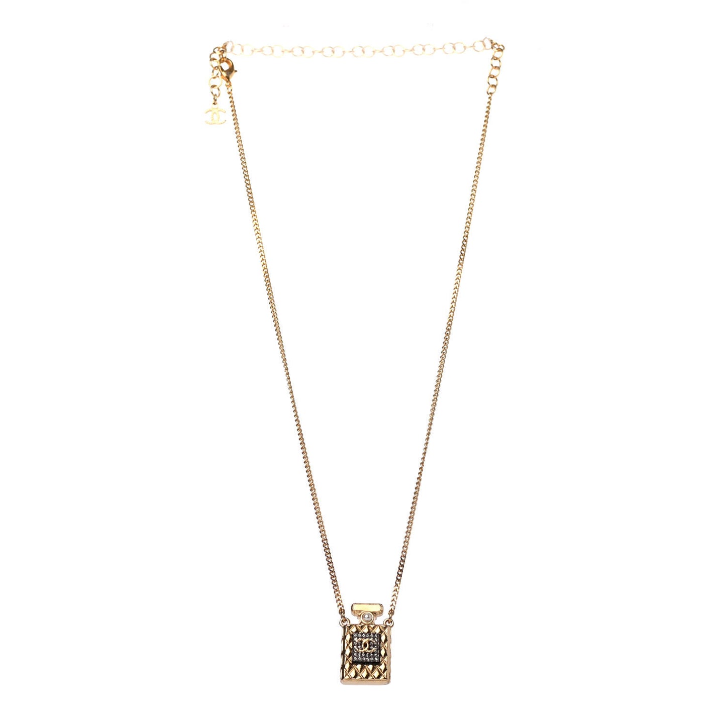 Crystal Pearl Perfume Bottle CC Necklace Black Gold