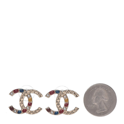 Chanel Resin Pearl Quilted CC Earrings Gold Multicolor 2 of 4