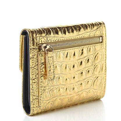 Chanel Metallic Calfskin Crocodile Embossed Cocodile Compact Flap Wallet Gold 3 of 10
