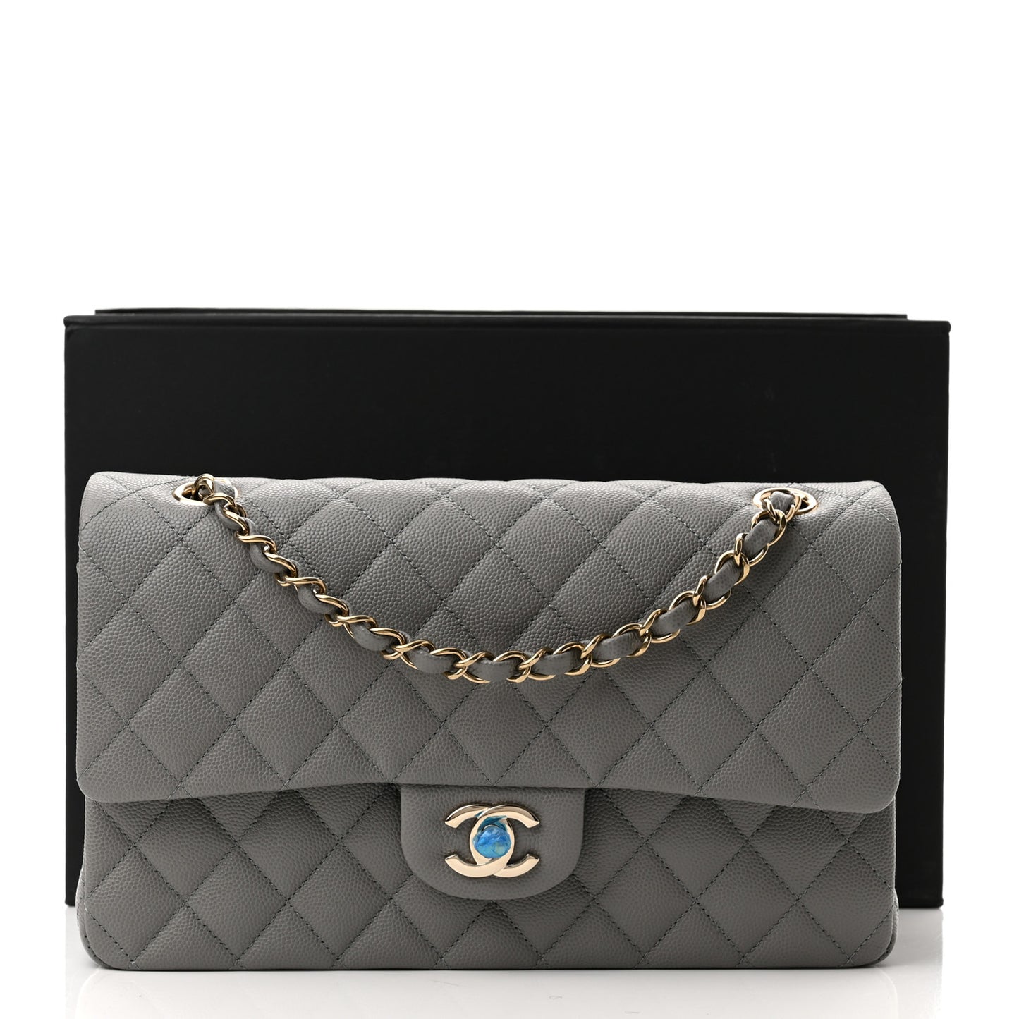 Caviar Quilted Medium Double Flap Grey