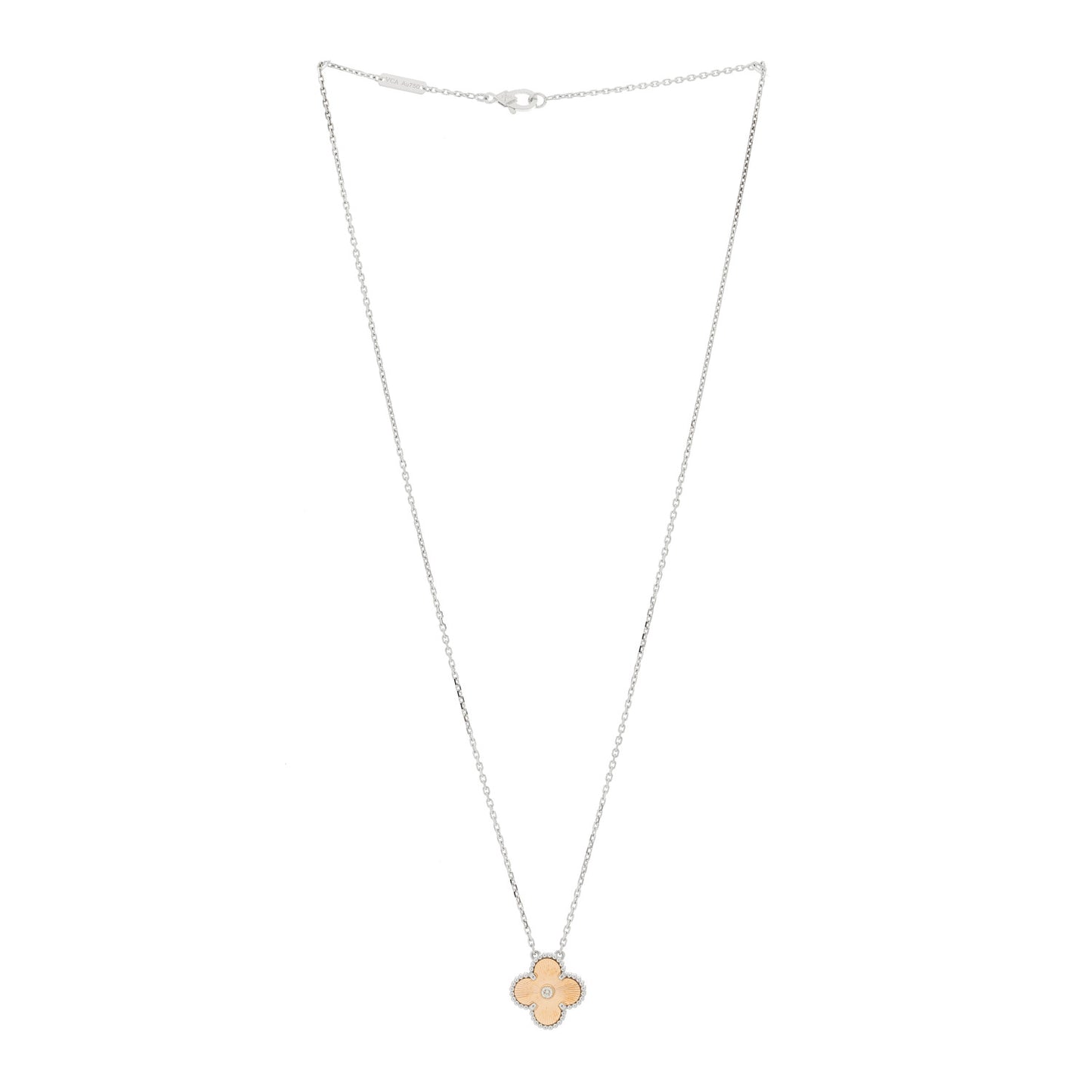 18K White Rose Gold Diamond Guilloche Vintage Alhambra Pendant Necklace