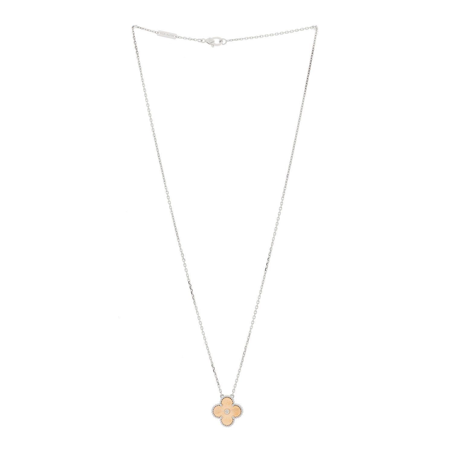 Van Cleef & Arpels 18K White Rose Gold Diamond Guilloche Vintage Alhambra Pendant Necklace 2 of 6