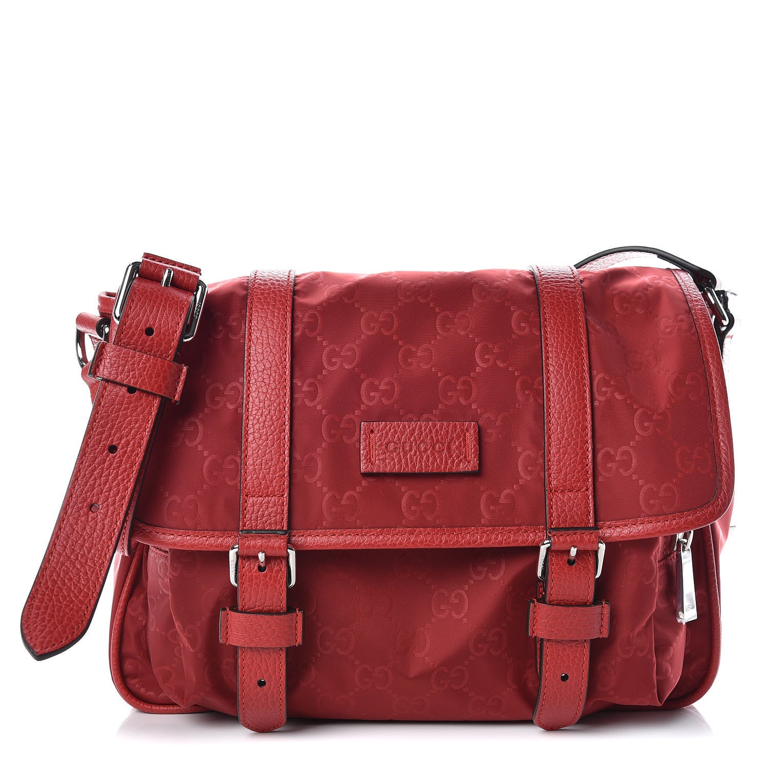 Gucci Nylon Monogram Double Buckle Flap Messenger Bag Vibrant Red 1 of 10