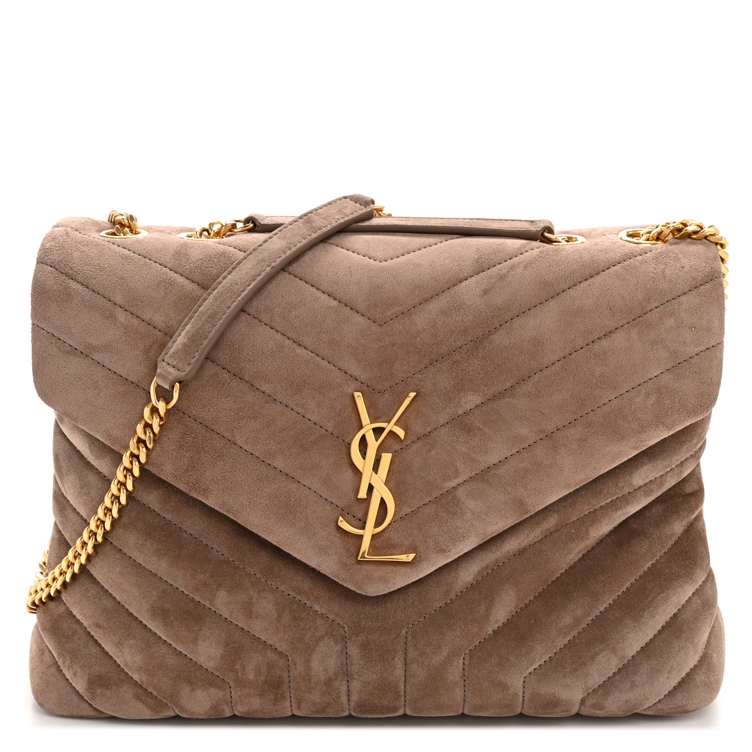 Saint Laurent Suede Y Quilted Monogram Medium Loulou Chain Satchel Taupe 1 of 12