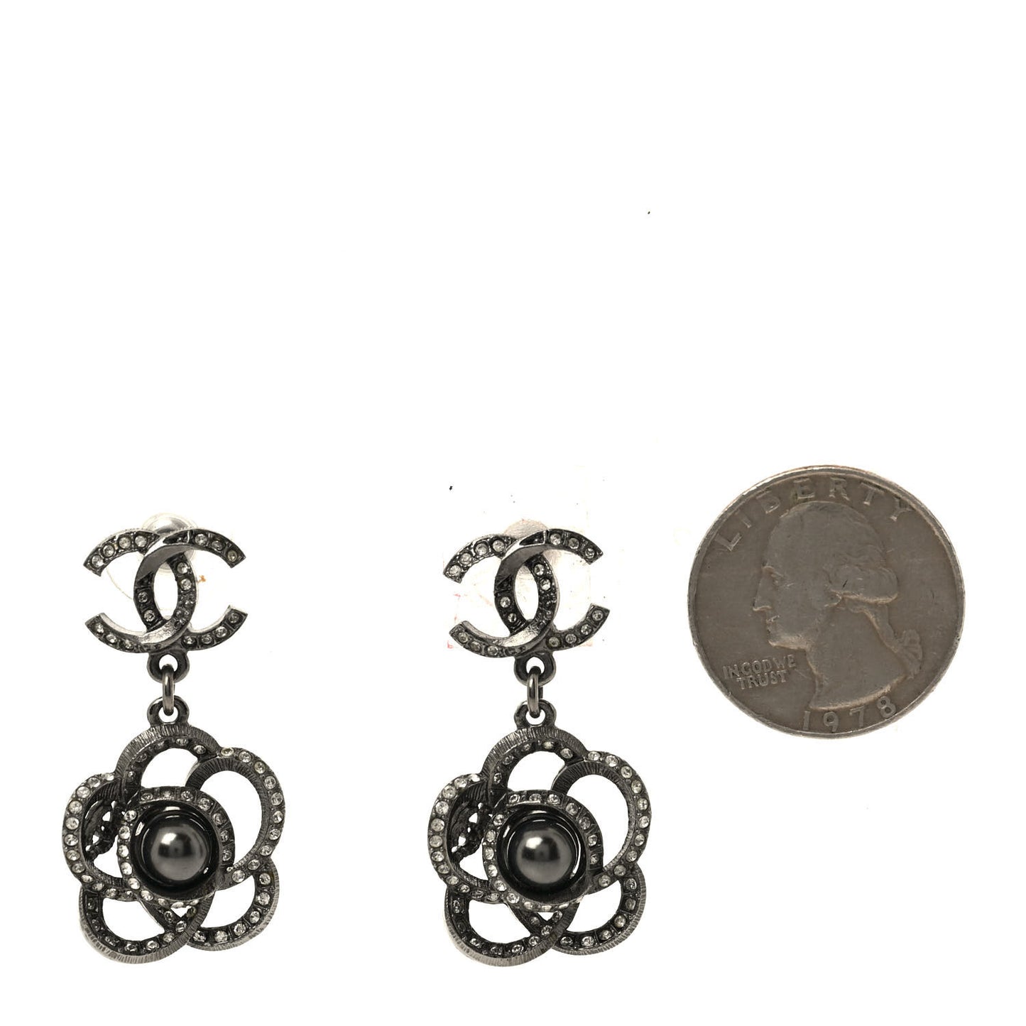 Crystal Pearl CC Camellia Drop Earrings Silver