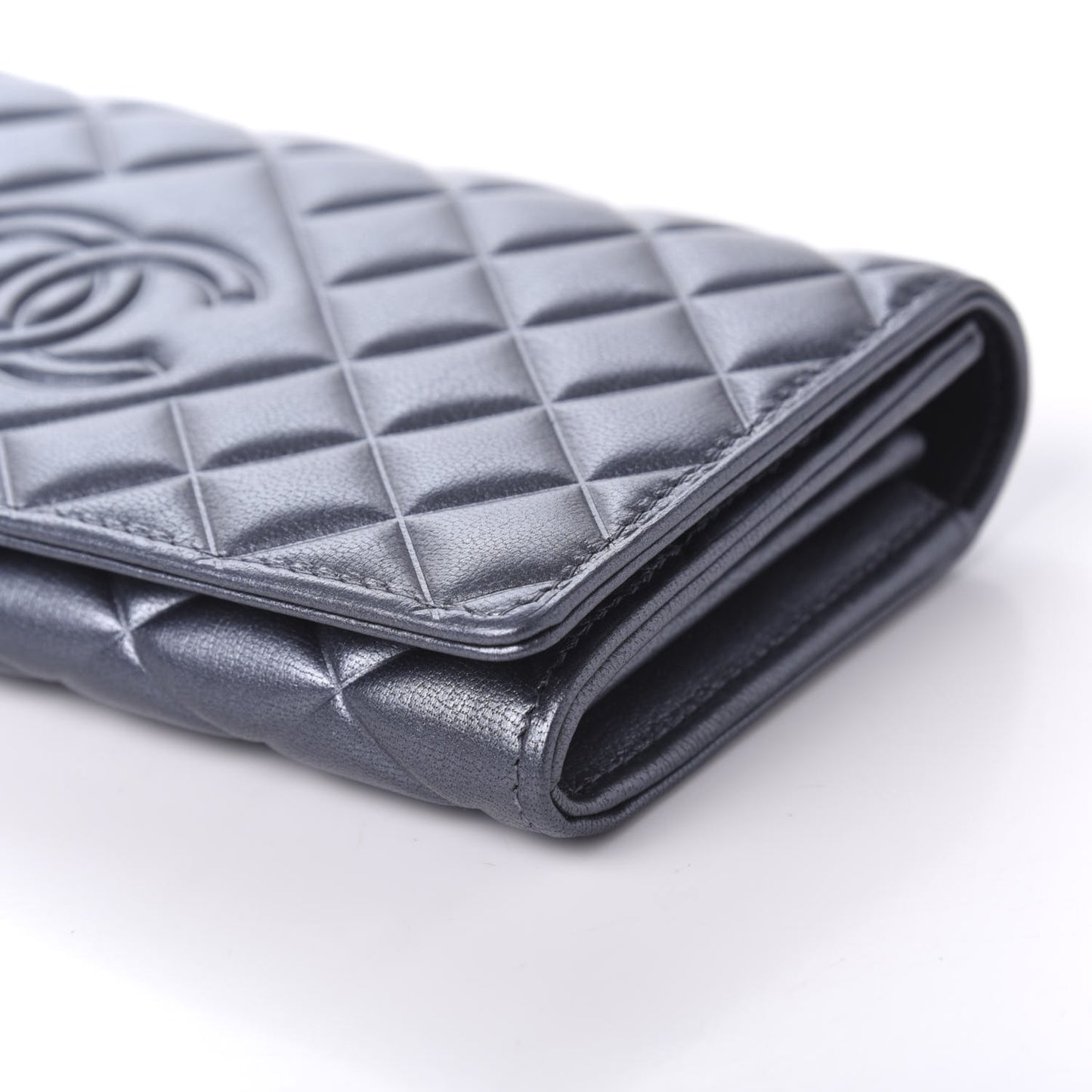 Calfskin Quilted Large Diamond CC Flap Wallet Dark Silver