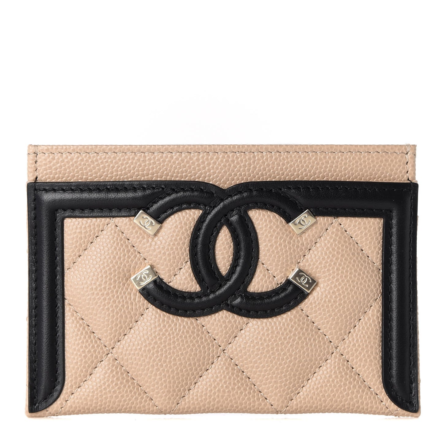 Caviar Quilted Filigree Card Holder Beige Black