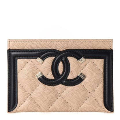 Chanel Caviar Quilted Filigree Card Holder Beige Black 1 of 9