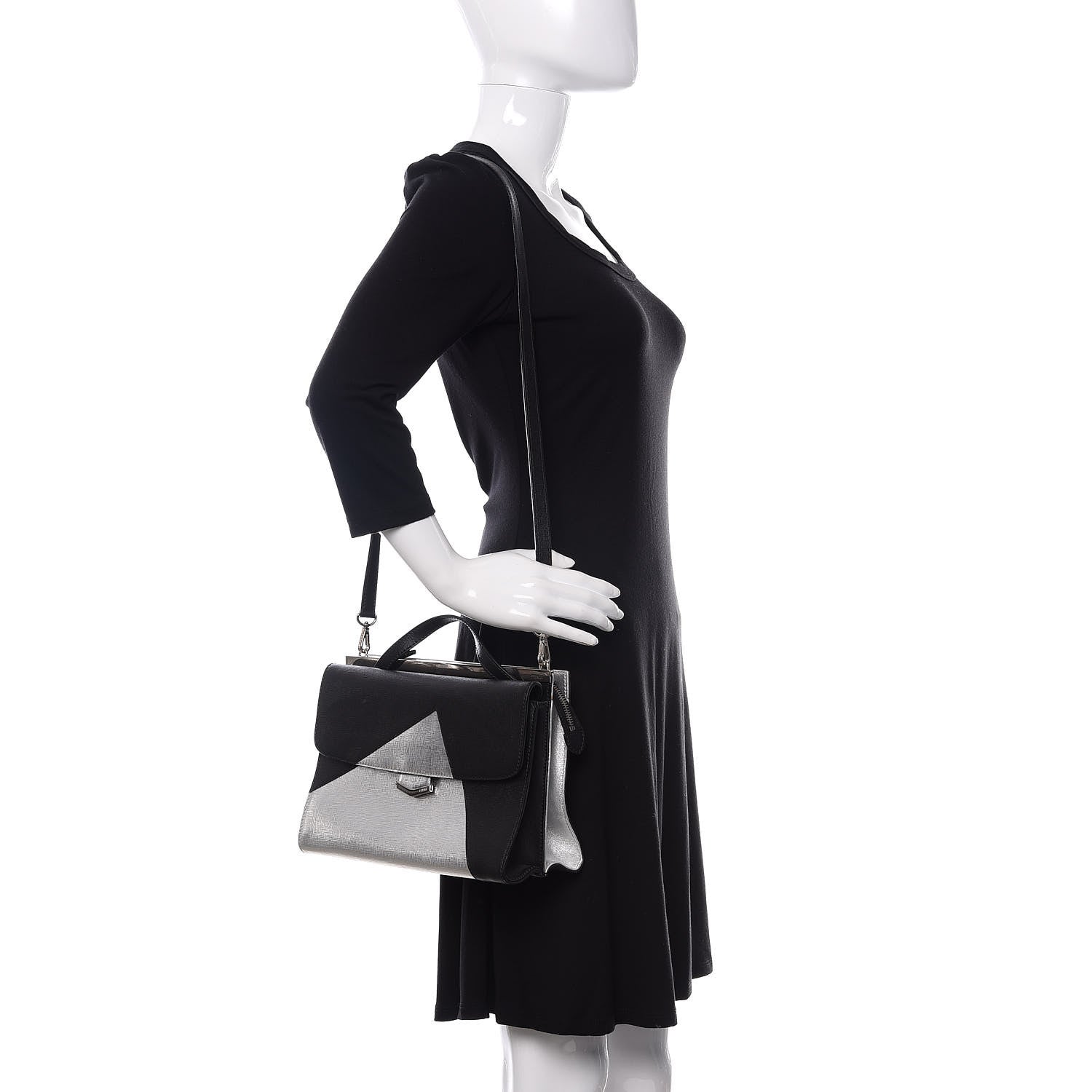 Fendi Vitello Elite Bi-Color Demi Jour Shoulder Bag Black Silver 2 of 11