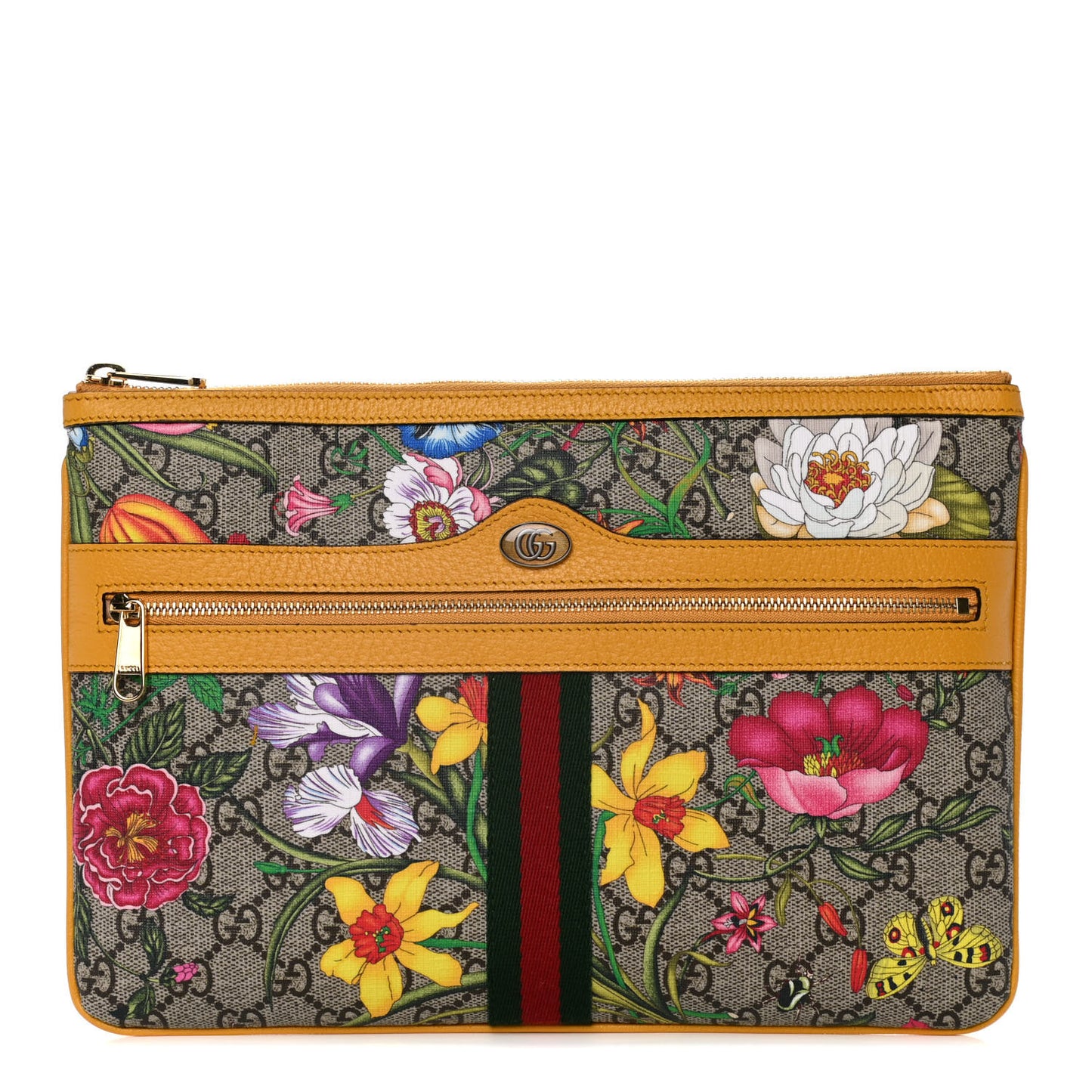 GG Supreme Monogram Flora Large Ophidia Pouch Clutch Beige Multicolor Crop