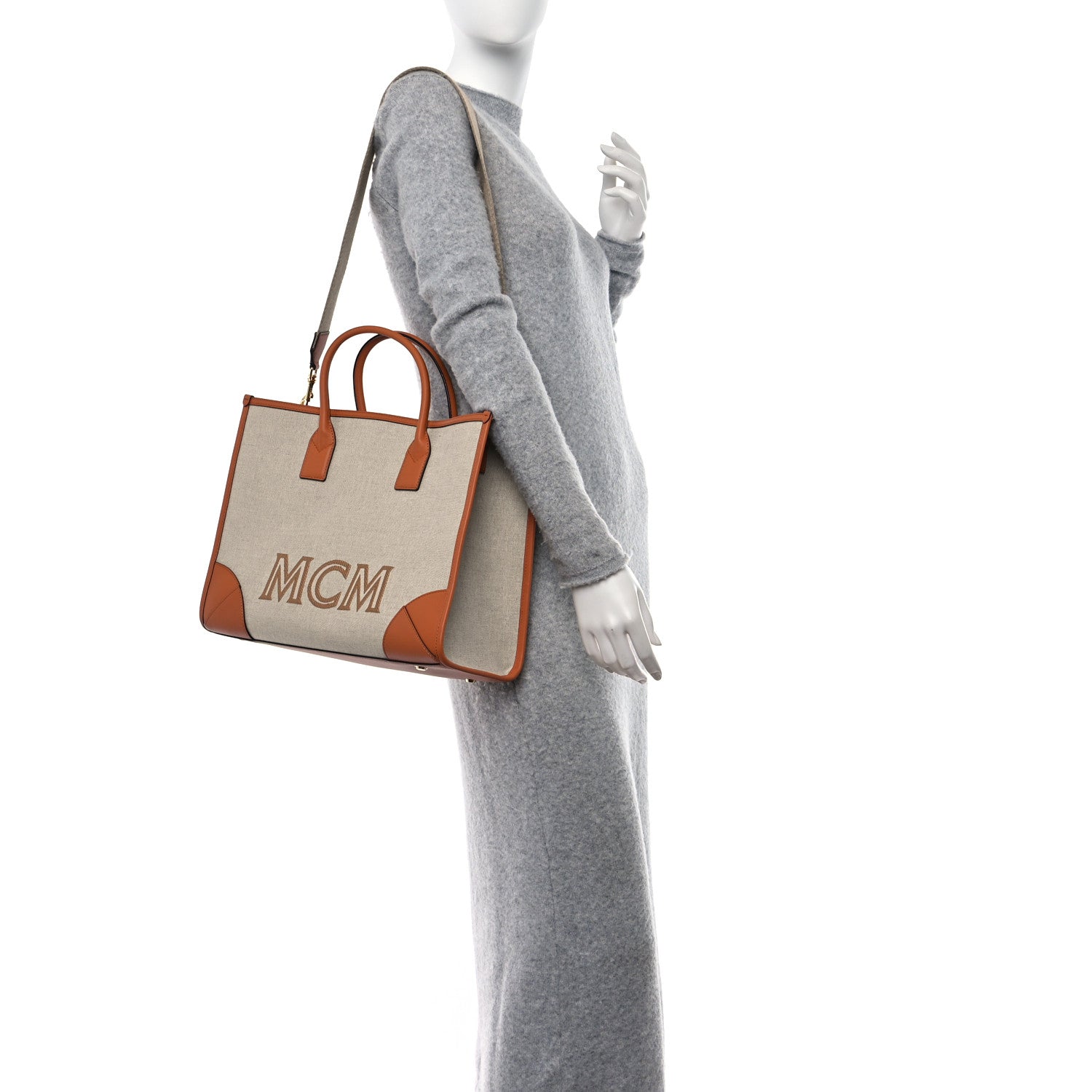 MCM Calfskin Linen Large Munchen Tote Cognac 3 of 13