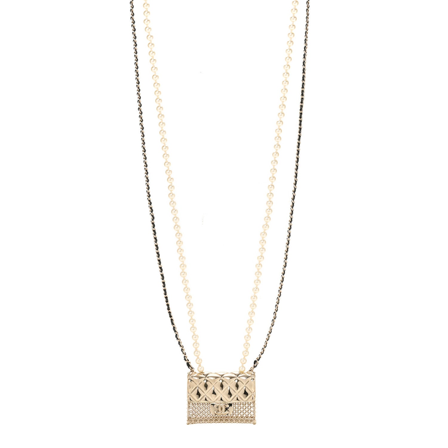 Chanel Metal Lambskin Pearl Chain Flap Bag Long Necklace Gold Black Pearly White 1 of 5