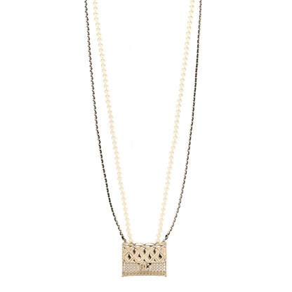 Chanel Metal Lambskin Pearl Chain Flap Bag Long Necklace Gold Black Pearly White 1 of 5