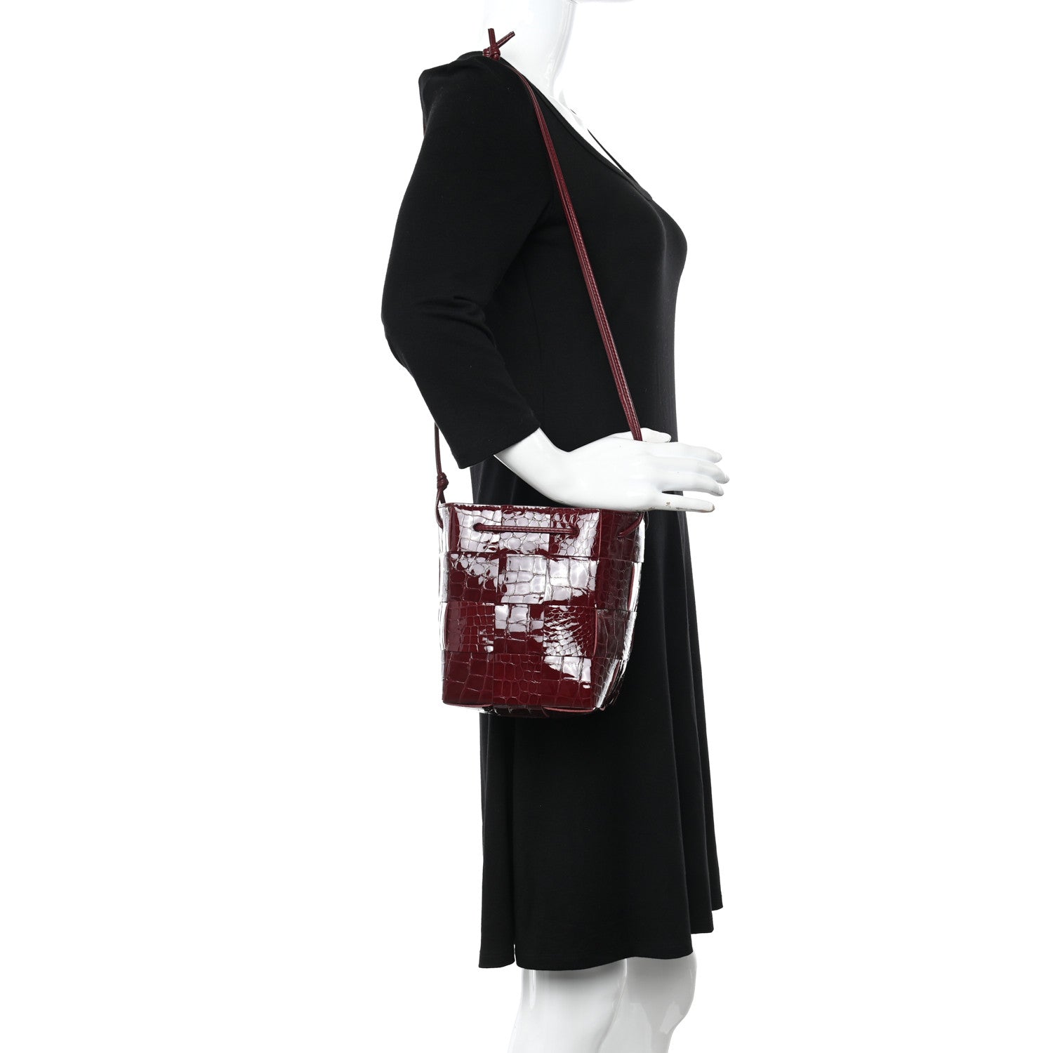 Bottega Veneta Gloss Calfskin Croc Embossed Intreccio Mini Cassette Crossbody Bucket Bag Cherry 2 of 9