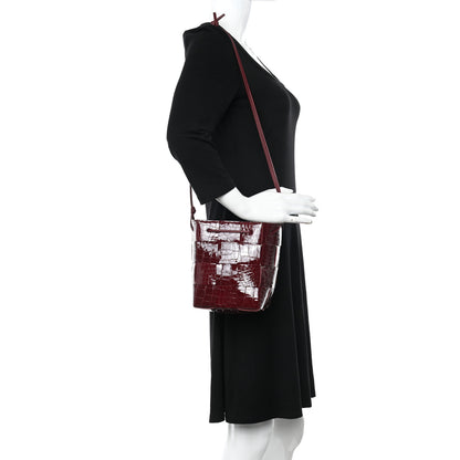 Bottega Veneta Gloss Calfskin Croc Embossed Intreccio Mini Cassette Crossbody Bucket Bag Cherry 2 of 9