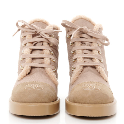 Chanel Calfskin Shearling Quilted Cap Toe Combat Boots 37 Light Pink Beige 2 of 9
