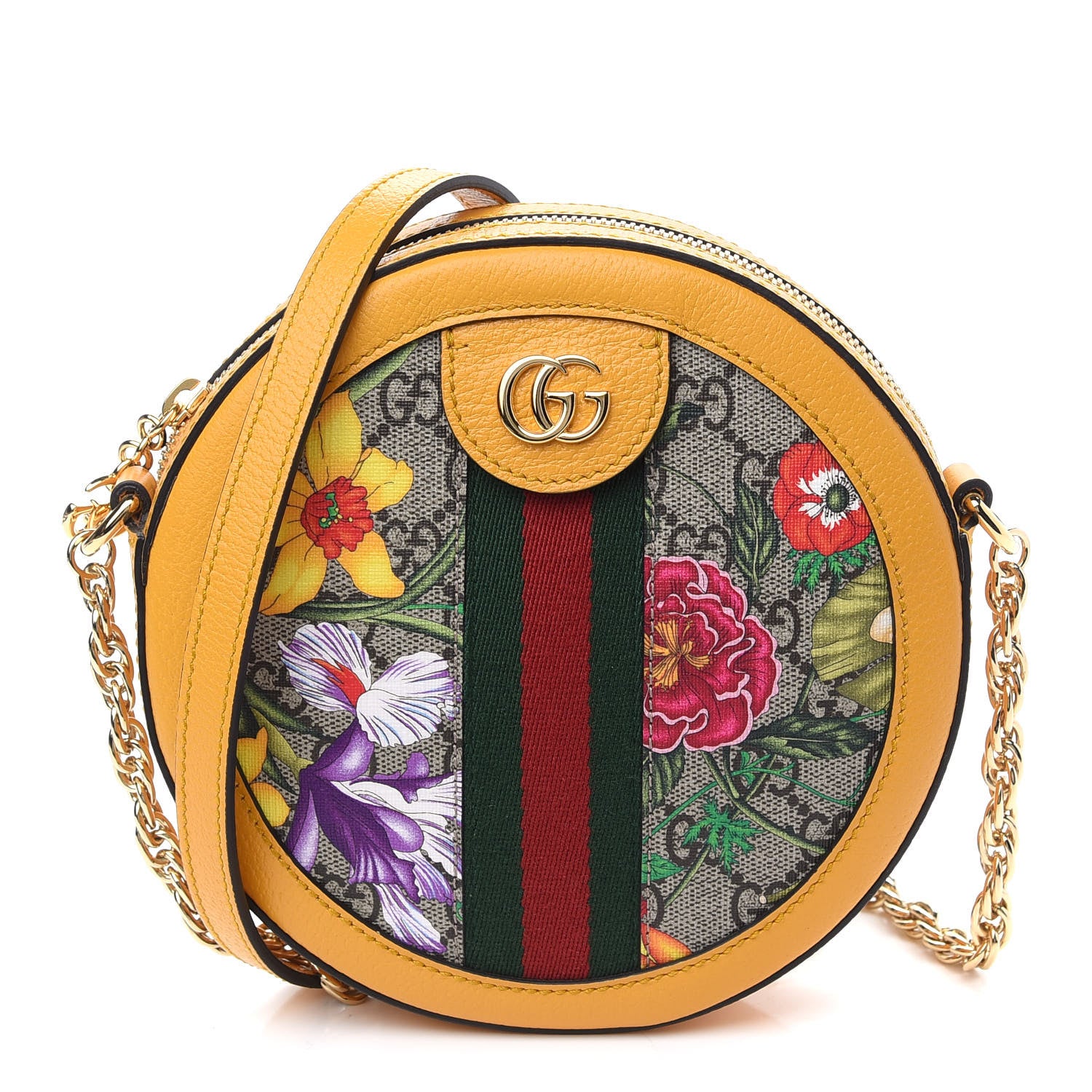 Gucci GG Supreme Monogram Flora Web Mini Ophidia Round Shoulder Bag Beige Multicolor Crop 1 of 9